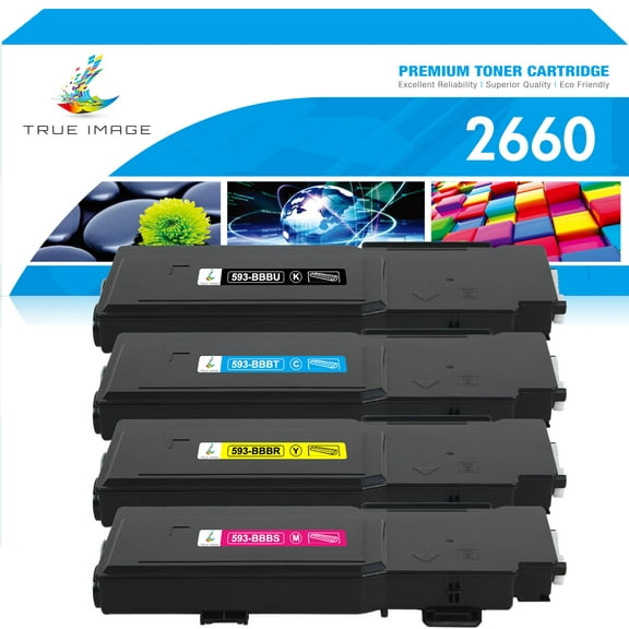 True Image 4-Pack Compatible Toner Cartridge for Dell 593-BBBU Work with Dell Color Laser Printer C2660dn C2665dnf (Black,Cyan,Magenta,Yellow)