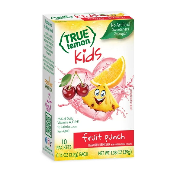 True Lemon Kids Fruit Punch Powdered Drink Mix, Low Sugar, No Artificial Sweeteners, 10 Count Box