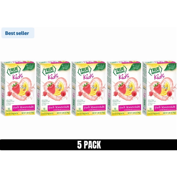 True Lemon Kids Pink Lemonade Drink Mix Sticks, Low Sugar, No Artificial Sweeteners, 10 Count (Pack of 5)