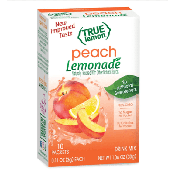 True Lemon Peach Lemonade Water Enhancer Drink Mix (10 Packets), Low Calorie Powdered Flavoring With Stevia for Individual Servings