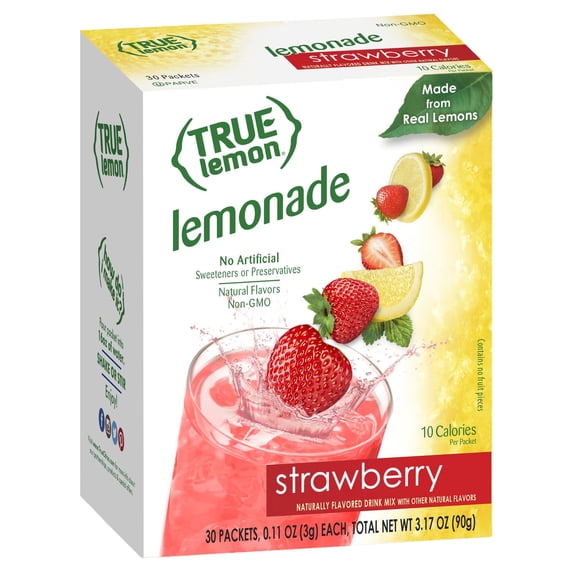 True Lemon Strawberry Lemonade Water Enhancer Drink Mix (30 Count), Low Calorie Drink Mix Packets for Water, Powdered Drink Mixes & Flavorings, Individual Drink Packets, Water Flavor Packets with Stev