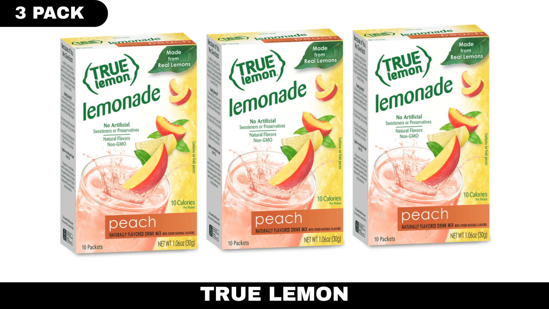 True Lemon True Lemon Peach Lemonade Drink Mix, 10 ct – Pack of 3, Single-Serve Lemonade Packets, No Artificial Sweeteners