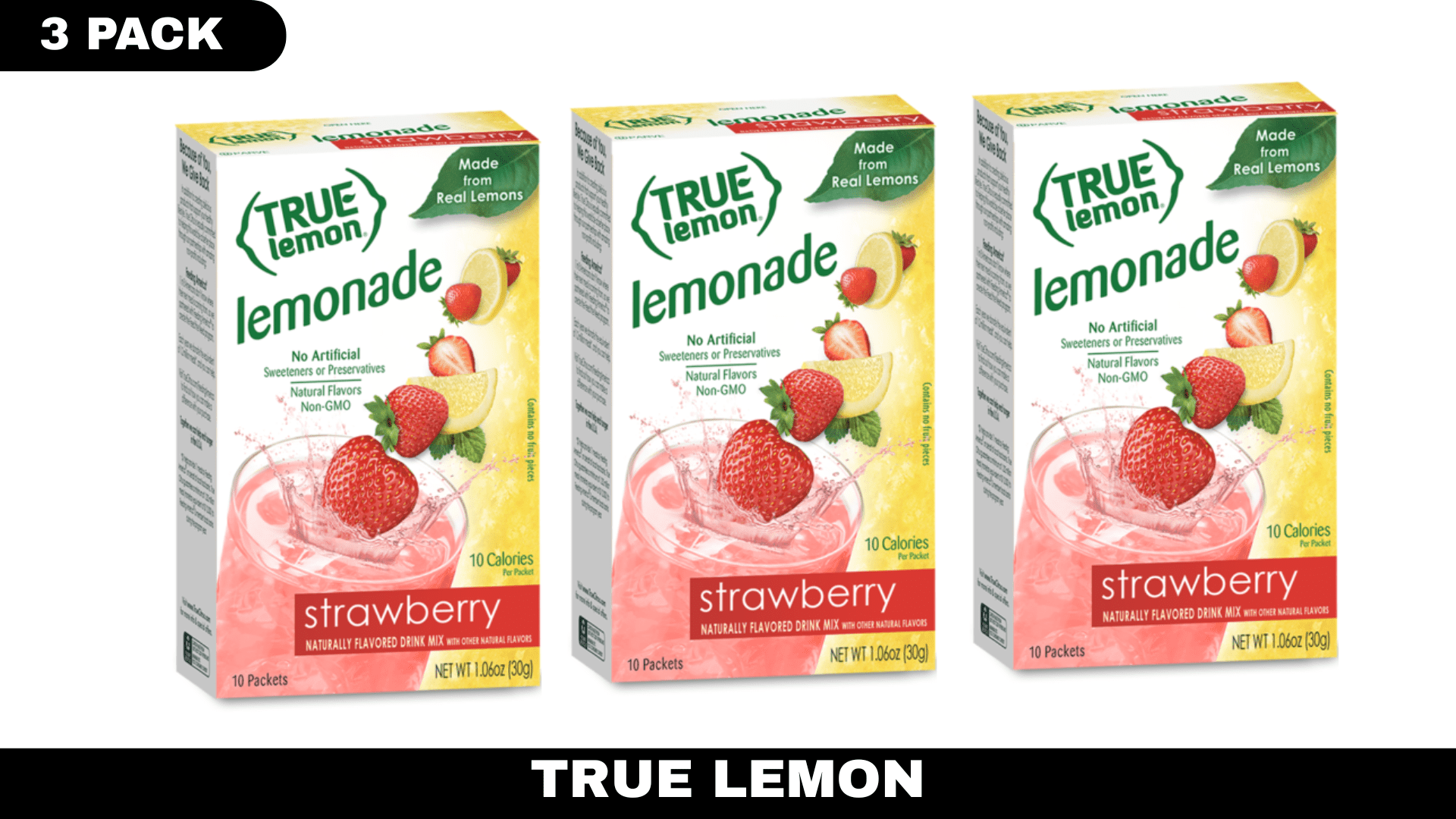 True Lemon True Lemon Strawberry Lemonade Drink Mix, 10 ct – Pack of 3, Single-Serve Natural Lemonade Packets, No Artificial Sweeteners