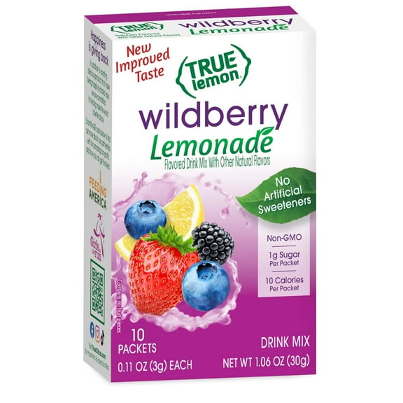 True Lemon Wildberry Lemonade Drink Mix Powder, 10 Calories, No Artificial Sweeteners, 10 Count Box