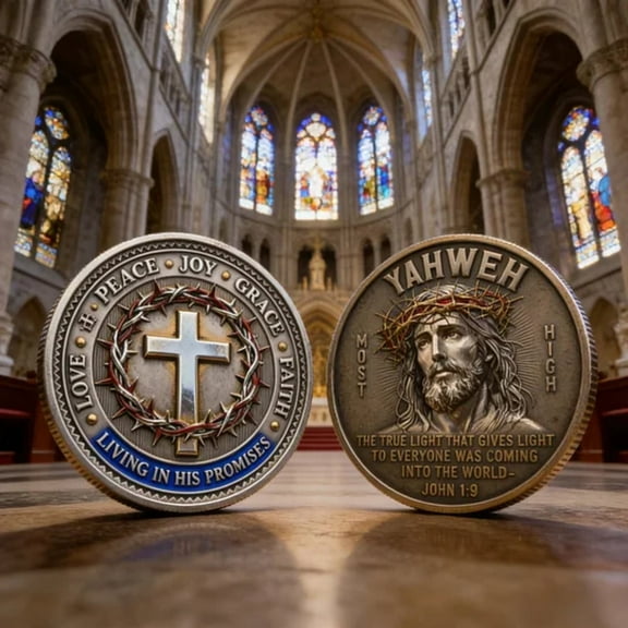 The True Light Faith Commemorative Coin Collection Ornament, Christian Challenge Coin with Crown of Thorns, Living in His Promises Cross Bible Verse Token, Religious Gift for Men Women