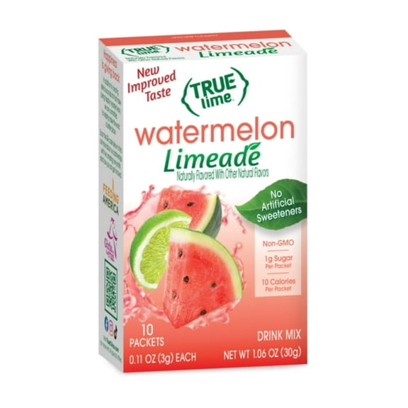 True Lime Watermelon Limeade Drink Mix Powder, No Artificial Sweeteners, 1.06 oz.Packet, 10 Count Box (Pack of 8)