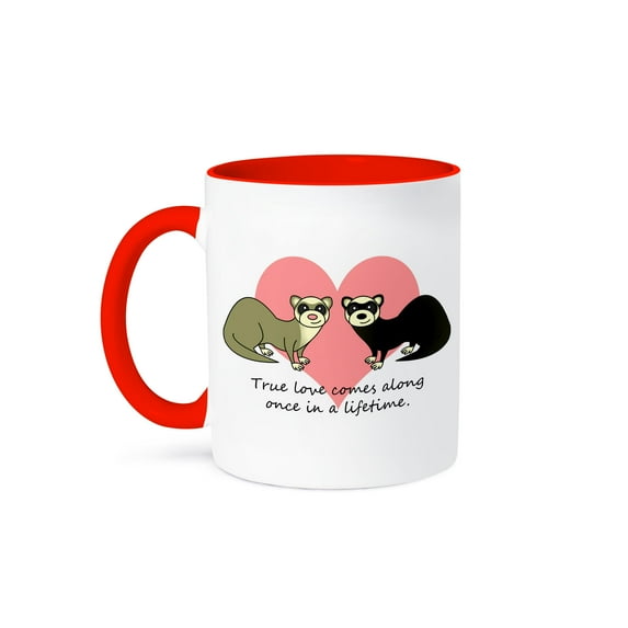 3dRose, True Love Comes Along Once in a Lifetime Cute Ferret Love Design, 11oz Two-Tone Red Mug