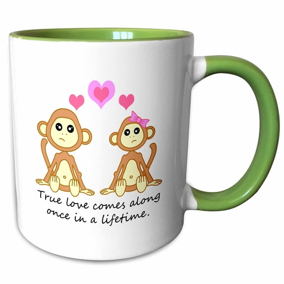3drose, True Love Comes Along Once in a Lifetime – Cute Monkey Love Design, 11oz Two-tone Green Mug