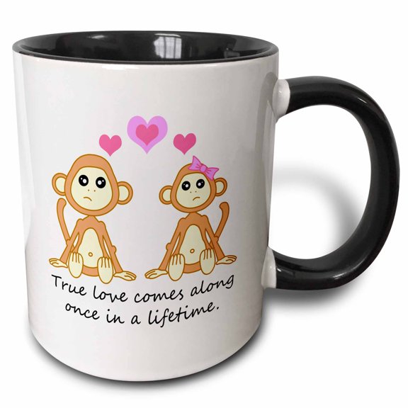 3drose, True Love Comes Along Once in a Lifetime – Cute Monkey Love Design, 15oz Two-tone Black Mug
