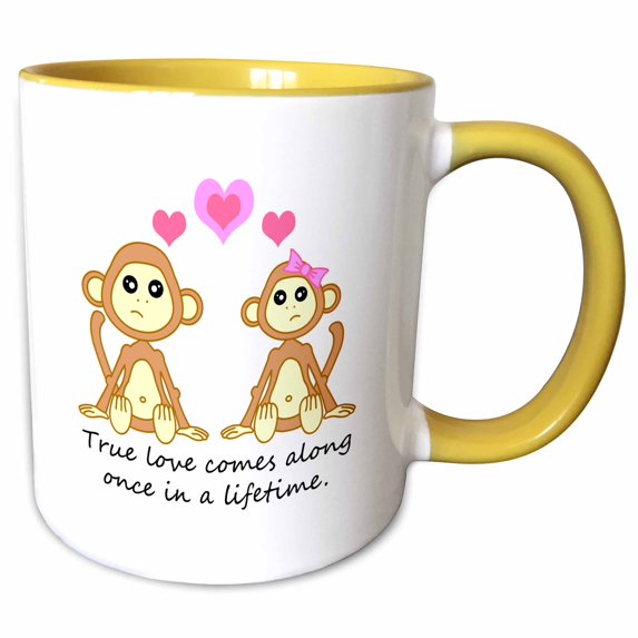 3drose, True Love Comes Along Once in a Lifetime – Cute Monkey Love Design, 15oz Two-tone Yellow Mug