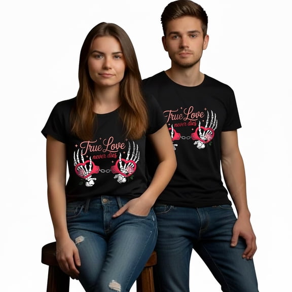 True Love Never D*es Tshirt – Couple Love Heart & Skeleton Hands Graphic Matching Shirts, His & Hers Valentine Gift