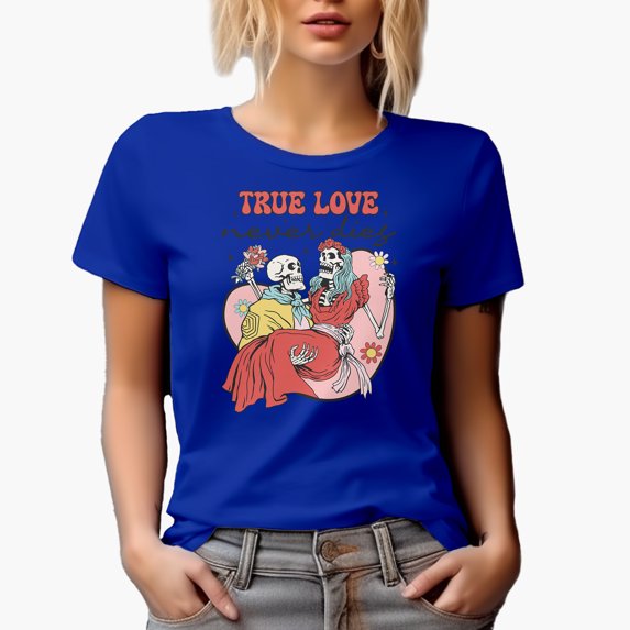 True Love Never Dies with Skeleton Couple, Retro Valentine's Day Gift, Royal Blue T-Shirt, 2XL