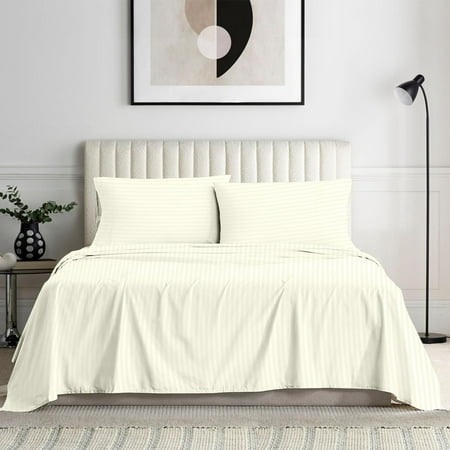 True Luxury 600 Thread Count Egyptian Cotton Sheet Set for QUEEN Size ( 60" x 80" ) Mattress Fits 14-16 Inches Fully Elastic Deep Pocket ( Stripe, Ivory )