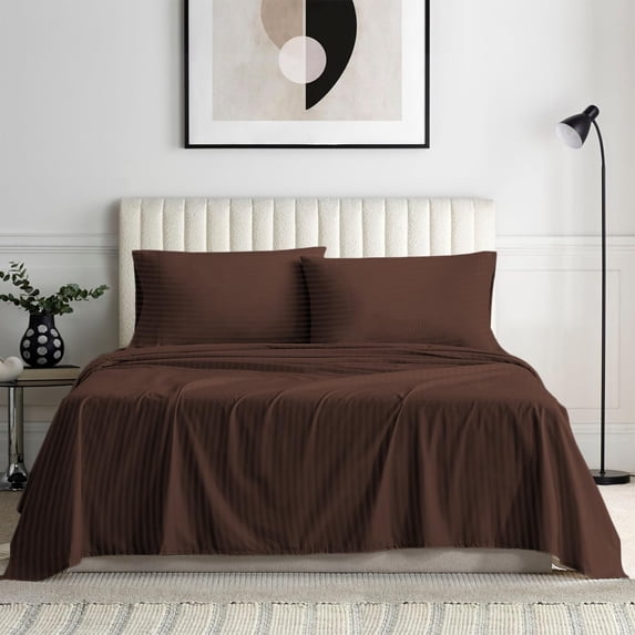 True Luxury 600 Thread Count Pima Cotton Sheet Set for KING Size ( 76" x 80" ) Mattress Fits 10-12 Inches Fully Elastic Deep Pocket ( Stripe, Chocolate )