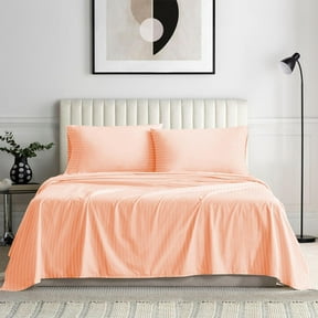 True Luxury 600 Thread Count Pima Cotton Sheet Set for KING Size ( 76" x 80" ) Mattress Fits 28-30 Inches Fully Elastic Deep Pocket ( Stripe, Peach )