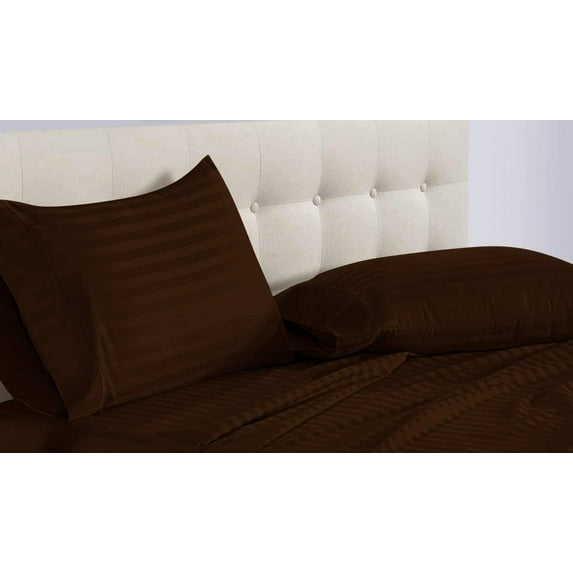 True Luxury Pure Heavy Rich Pima Cotton 4-Piece Bed Sheets Set California King Size Fits mattresses Upto 15-18” deep Pocket – Sateen Weave (Stripe, Chocolate)