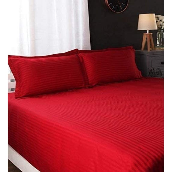 True Luxury Pure Heavy Rich Pima Cotton 4-Piece Bed Sheets Set Emperor Size Fits mattresses Upto 10-12” deep Pocket – Sateen Weave (Stripe, Red)