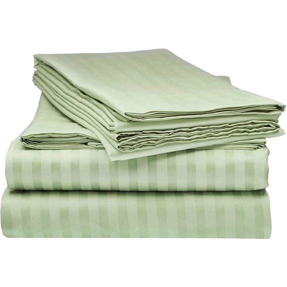 True Luxury Pure Heavy Rich Pima Cotton 4-Piece Bed Sheets Set Emperor Size Fits mattresses Upto 16-20” deep Pocket – Sateen Weave (Stripe, Sage Green)