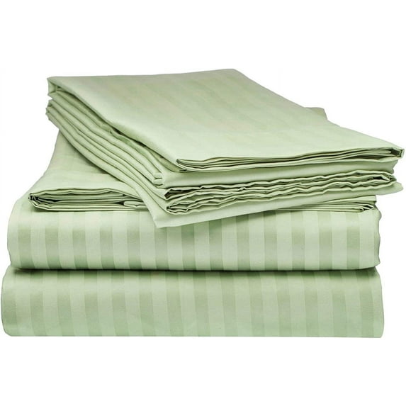 True Luxury Pure Heavy Rich Pima Cotton 4-Piece Bed Sheets Set Grand King Size Fits mattresses Upto 15-18” deep Pocket – Sateen Weave (Stripe, Sage Green)