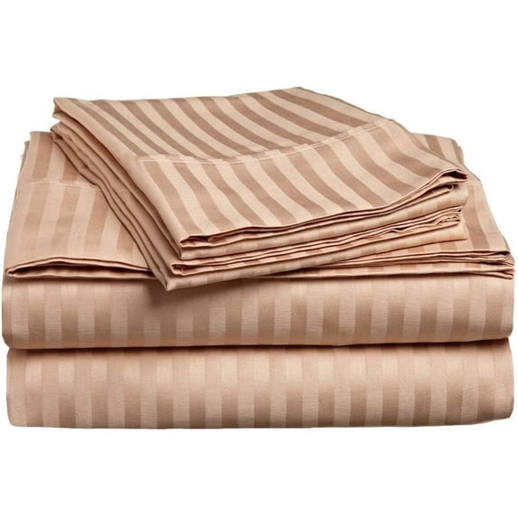 True Luxury Pure Heavy Rich Pima Cotton 4-Piece Bed Sheets Set King Size Fits mattresses Upto 10-12” deep Pocket – Sateen Weave (Stripe, Beige)