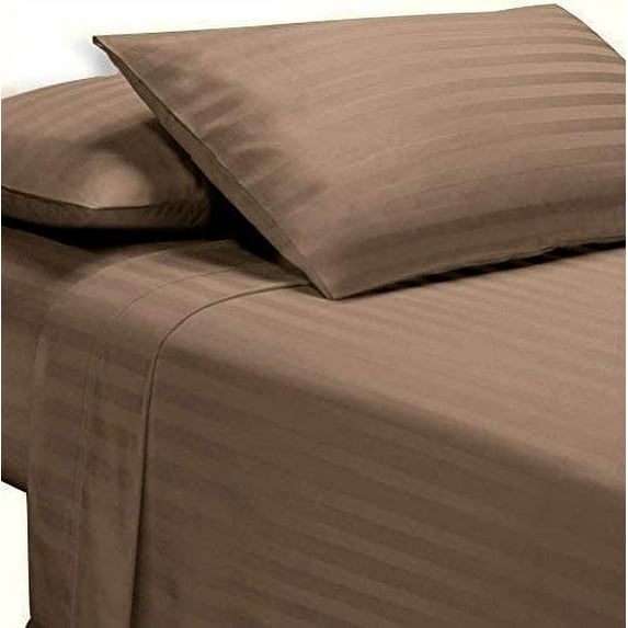 True Luxury Pure Heavy Rich Pima Cotton 4-Piece Bed Sheets Set Queen Size Fits mattresses Upto 15-18” deep Pocket – Sateen Weave (Stripe, Taupe)