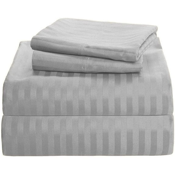 True Luxury Pure Heavy Rich Pima Cotton 4-Piece Bed Sheets Set Short Queen Size Fits mattresses Upto 10-12” deep Pocket – Sateen Weave (Stripe, Silver Grey)