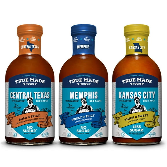 True Made Foods Central Texas, Memphis, Kansas City Style BBQ Sauce Variety Pack (18oz, 3 Pack)