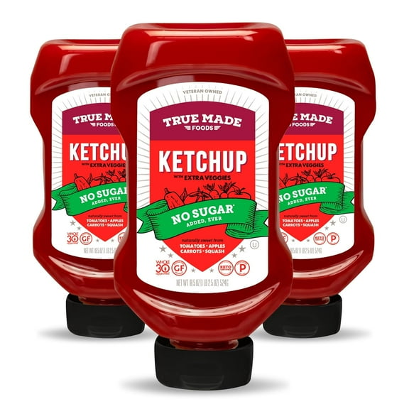 True Made Foods No Sugar Added Ketchup 18.5 oz Squeeze Bottles (Pack of 3) Made with Fruits & Vegetables Healthy Condiment for BBQ, Grilling & Cookouts Whole30, Keto, Vegan, Gluten-Free