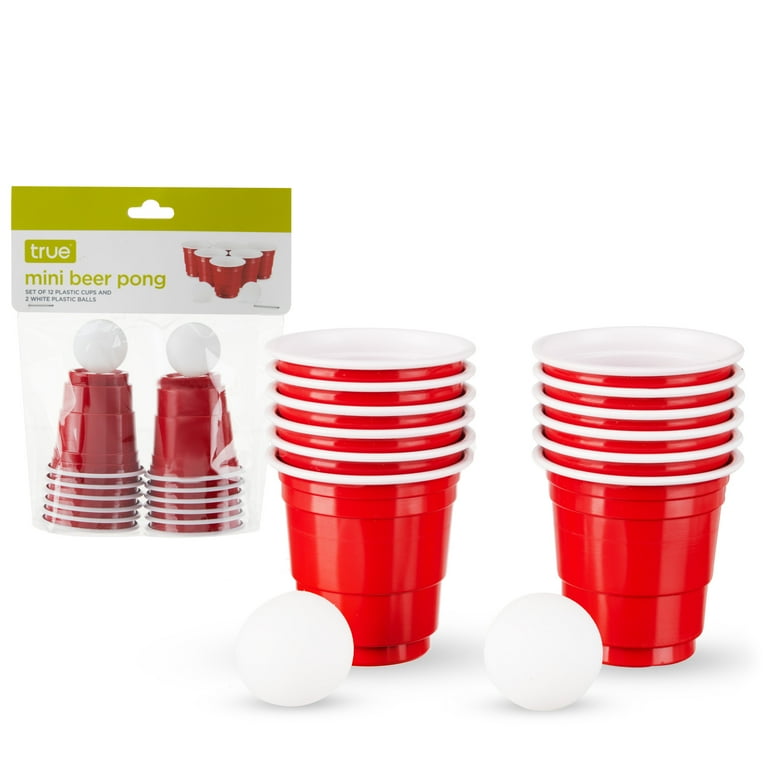 True Mini Beer Pong Game, 1.5 Ounce Disposable Red Party Cup Plastic Shot  Glasses, Red, Set of 12 Cups and 2 Mini Ping Pong Balls 