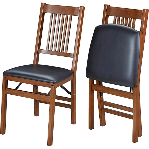 True Mission Wooden Folding Chairs with Padded Seats, Set of 2 - No Assembly Foldable Dining Chairs, Steel Folding Mechanism, Upholstered Cushion, Space-Saving, Fruitwood Frame