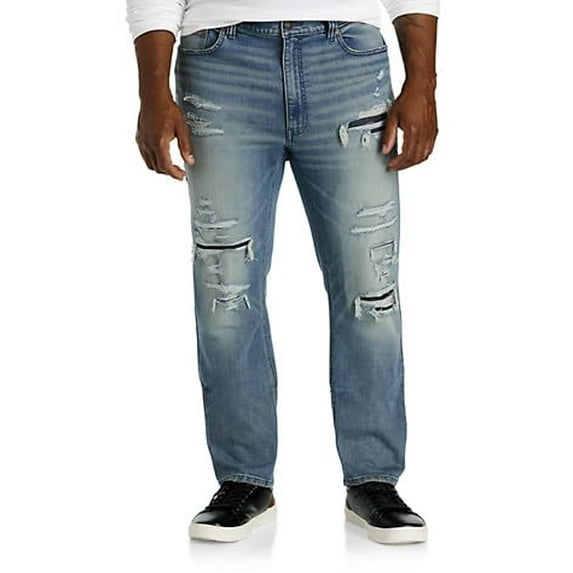 True Nation by DXL Men's Big and Tall Worn-in Rip and Repair Tapered-Fit Jeans Worn to Pieces 42 x 32