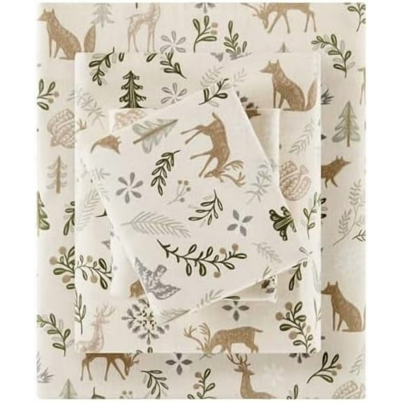 True North 100% Cotton Flannel Sheets King Size, Cozy Flannel Sheet Set Brushed for Extra Softness, Heavyweight Novelty Print Warm Flannel Bedding Set, Tan Woodland Winter 4 Piece