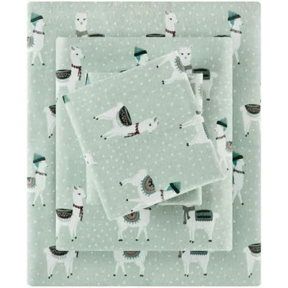 True North by Cozy Flannel Warm 100% Cotton Sheet - Novelty Print Animals Stars Cute Ultra Soft Cold Weather Bedding Set, Full, Seafoam Llama 4 Piece