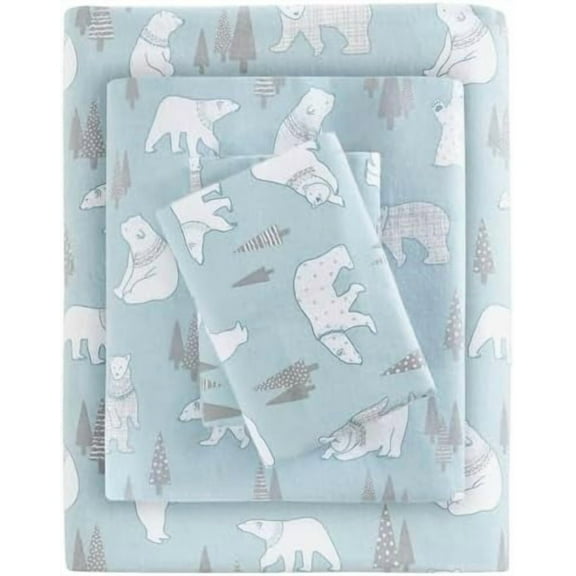 True North by Cozy Flannel Warm 100% Cotton Sheet - Novelty Print Animals Stars Cute Ultra Soft Cold Weather Bedding Set, Twin, Blue Polar Bears 3 Piece