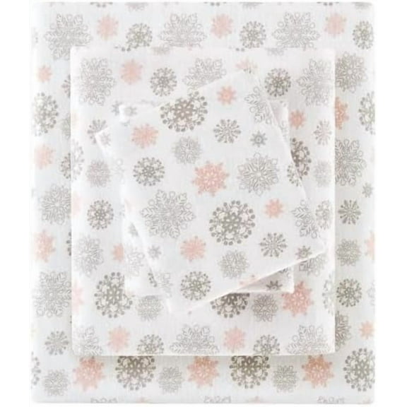 True North by Cozy Flannel Warm 100% Cotton Sheet - Novelty Print Animals Stars Cute Ultra Soft Cold Weather Bedding Set, Twin XL, Pink/Grey Snowflakes 3 Piece