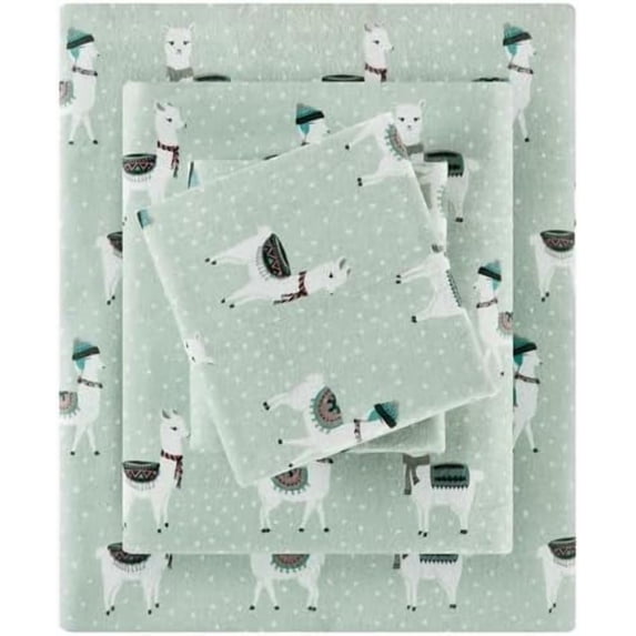 True North by Cozy Flannel Warm 100% Cotton Sheet - Novelty Print Animals Stars Cute Ultra Soft Cold Weather Bedding Set, Twin XL, Seafoam Llama 3 Piece