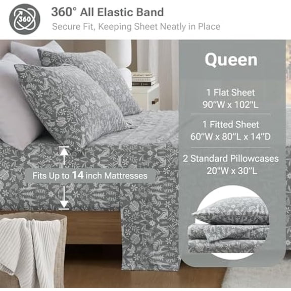 True North by  Flannel Sheets Queen Size, Cozy 100% Cotton Flannel Bed Sheets, Ultra Soft Cute Sheet Set, Novelty Print Themed Cold Weather Warm Bedding Set, Sage Winter Fauna, 4 Piece