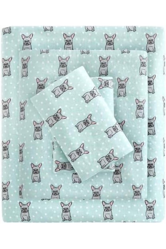 True North Flannel Sheets Queen Size, Cozy 100% Cotton Flannel Bed Sheets, Ultra Soft Cute Sheet Set, Novelty Print Themed Cold Weather Warm Bedding Set, Aqua French Bulldog 4 Piece
