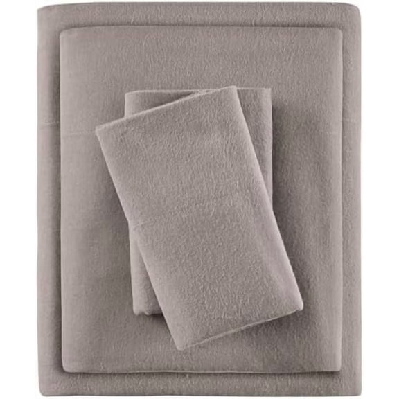 True North by Cozy Flannel Warm 100% Cotton Sheet - Novelty Print Animals Stars Cute Ultra Soft Cold Weather Bedding Set, Full, Grey Solid 4 Piece