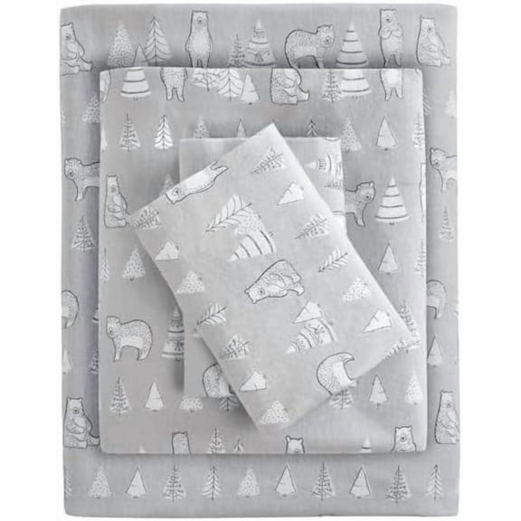 True North by Cozy Flannel Warm 100% Cotton Sheet - Novelty Print Animals Stars Cute Ultra Soft Cold Weather Bedding Set, King, Bear 4 Piece