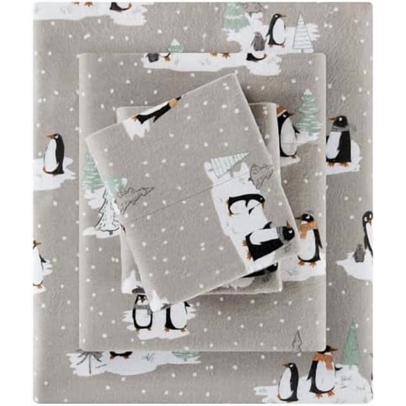 True North by  Cozy Flannel Warm 100% Cotton Sheet - Novelty Print Animals Stars Cute Ultra Soft Cold Weather Bedding Set, Queen, Grey Penguins