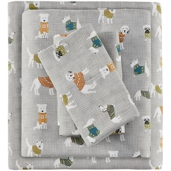 True North by Cozy Flannel Warm 100% Cotton Sheet - Novelty Print Animals Stars Cute Ultra Soft Cold Weather Bedding Set, Twin, Grey Dogs 3 Piece