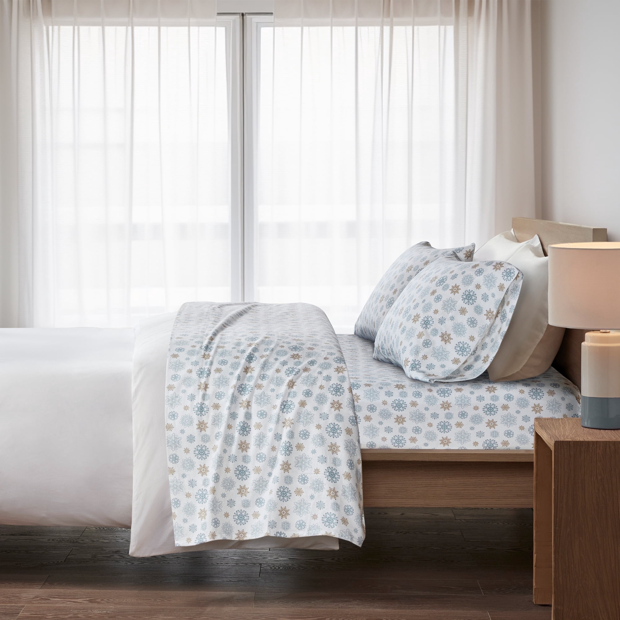 Regency Heights Full Size Cotton Flannel Sheet Set, 4-Piece Flannel Bed Sheets Full, 100% Cotton Bed Sheets Set with Deep Pocket, Tan/Blue Snowflakes