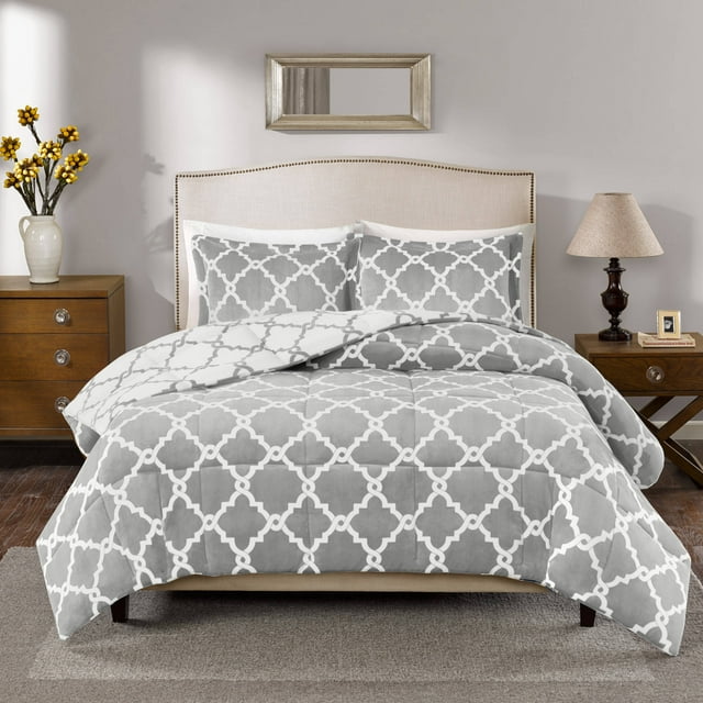 True North by Sleep Philosophy 2-Piece Grey Reversible Plush Microvelour Print Comforter Set, Twin