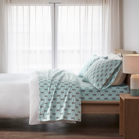 Regency Heights Full Size Cotton Flannel Sheet Set, 4-Piece Flannel Bed Sheets Full, 100% Cotton Bed Sheets Set with Deep Pocket, Aqua French Bulldog