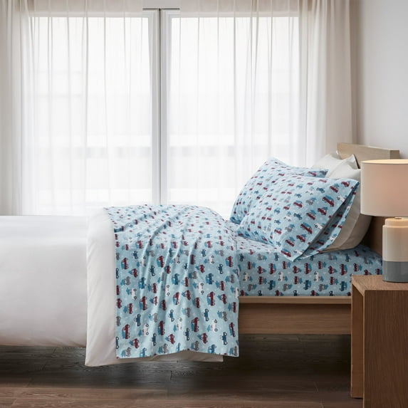 True North by Sleep Philosophy Cozy Flannel Printed Sheet Set in Blue Cars Full