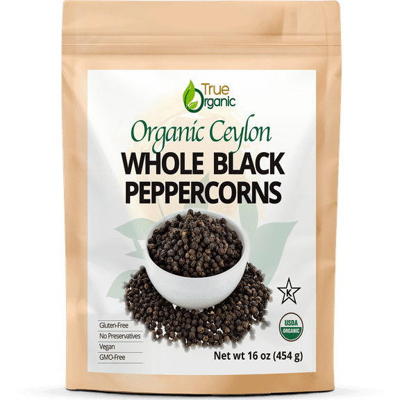 True Organic Ceylon Black Pepper Whole, 16 Ounces, USDA Organic & Kosher