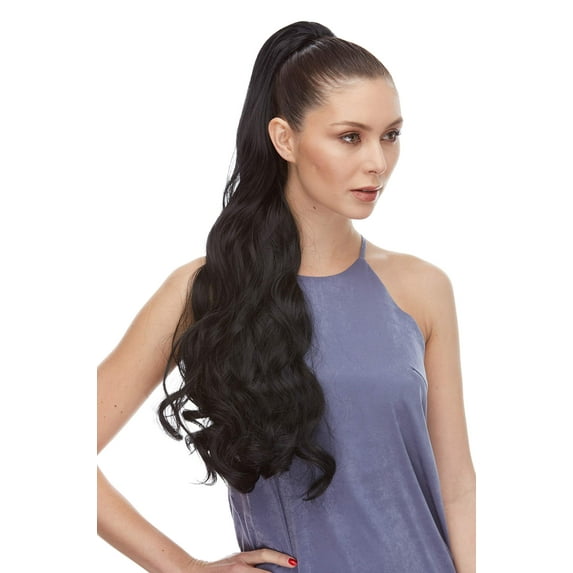 True Ponytail Color 2 Darkest Brown - Sepia Wigs 24" Long Layered Wavy Heat Friendly Synthetic African American Pony Drawstring Hair Piece Ariana Cola de Caballo