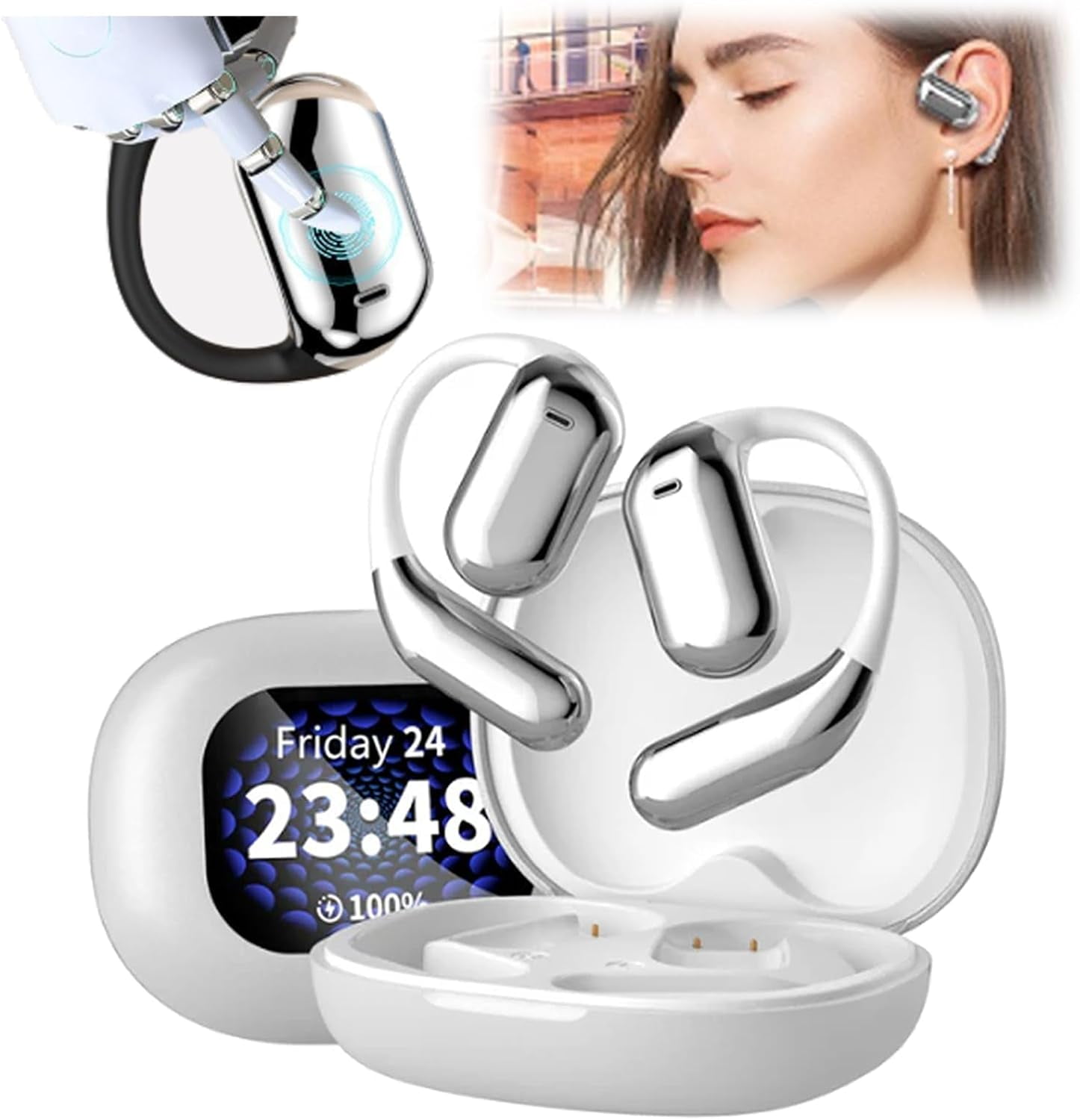 True Powerful Bluetooth 5.4 Open Ear Earbuds, IPX5 Waterproof Translator Earbuds with AI Translation, Ultra Strong N52 Magnetic Phone Holder 40-Hour Battery Life (Classic with AI translation, silver)