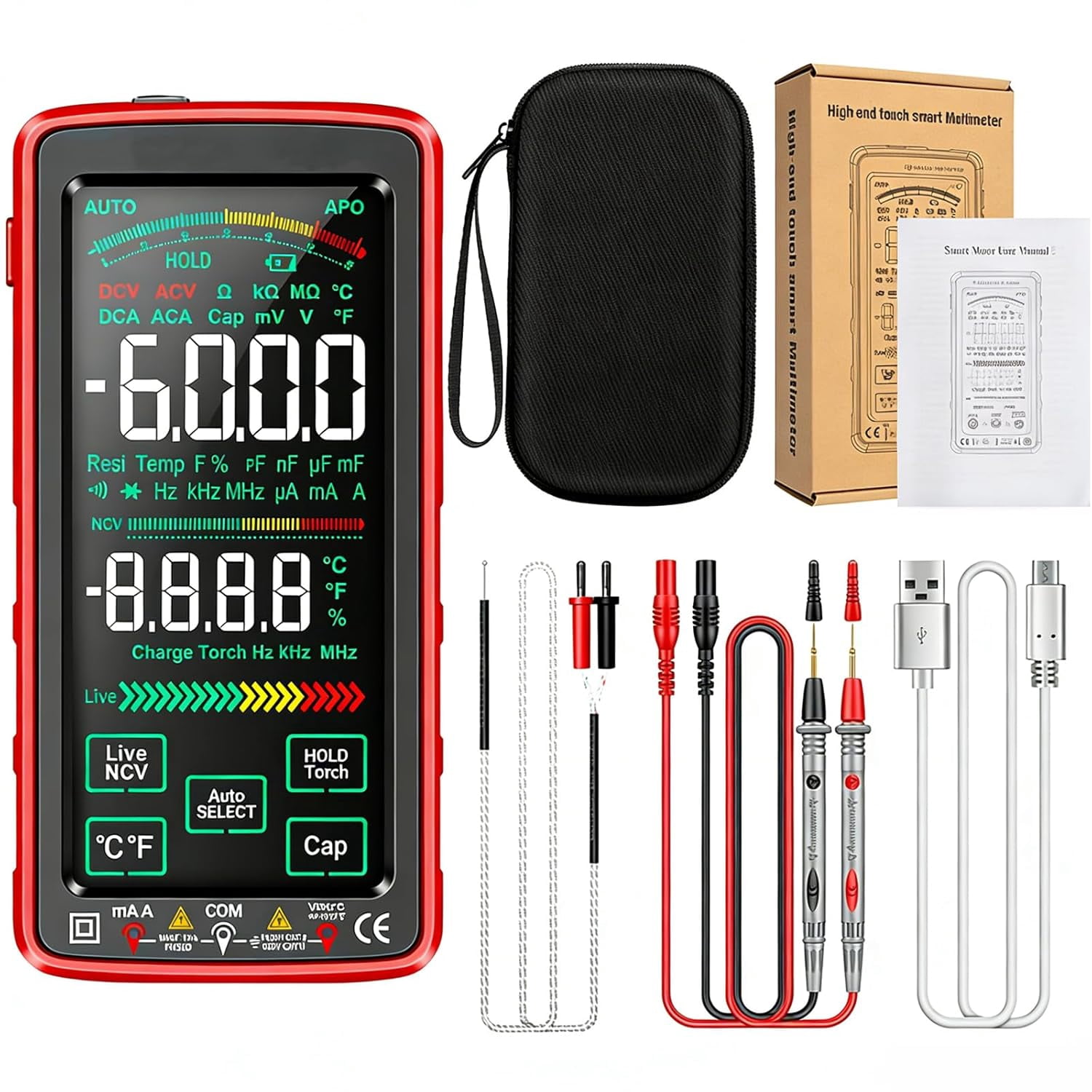 True RMS 6000-Count Digital Voltmeter, Fully Automatic True rms TRMS 6000 Count Digital Voltmeter Auto-Range, NCV Detection, Capacitance & Temperature for Home Automotive Electrical Repairs (RED)